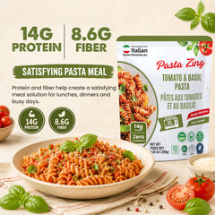 Pasta Zing Tomato & Basil Pasta, Pack of 7, Fully Cooked Fusilli Pasta with Tomato & Basil Sauce, Ready in 1 Minute, 14g Protein, 8.6g Fiber, 7.05 oz Pouches - Regal Kitchen Store