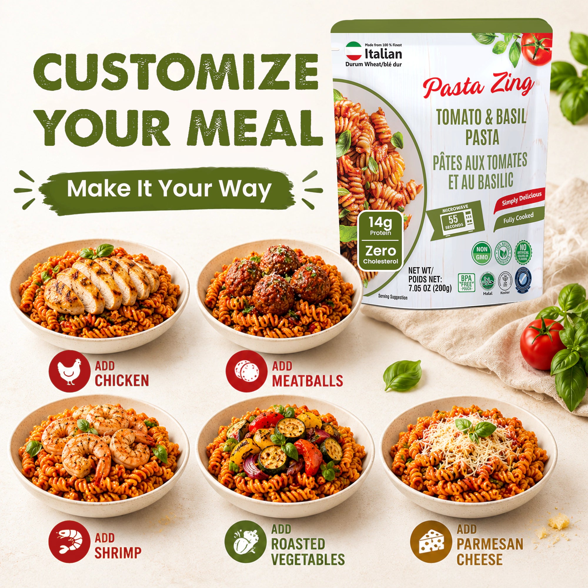 Pasta Zing Tomato & Basil Pasta, Pack of 7, Fully Cooked Fusilli Pasta with Tomato & Basil Sauce, Ready in 1 Minute, 14g Protein, 8.6g Fiber, 7.05 oz Pouches - Regal Kitchen Store