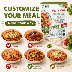 Pasta Zing Tomato & Basil Pasta, Pack of 7, Fully Cooked Fusilli Pasta with Tomato & Basil Sauce, Ready in 1 Minute, 14g Protein, 8.6g Fiber, 7.05 oz Pouches - Regal Kitchen Store