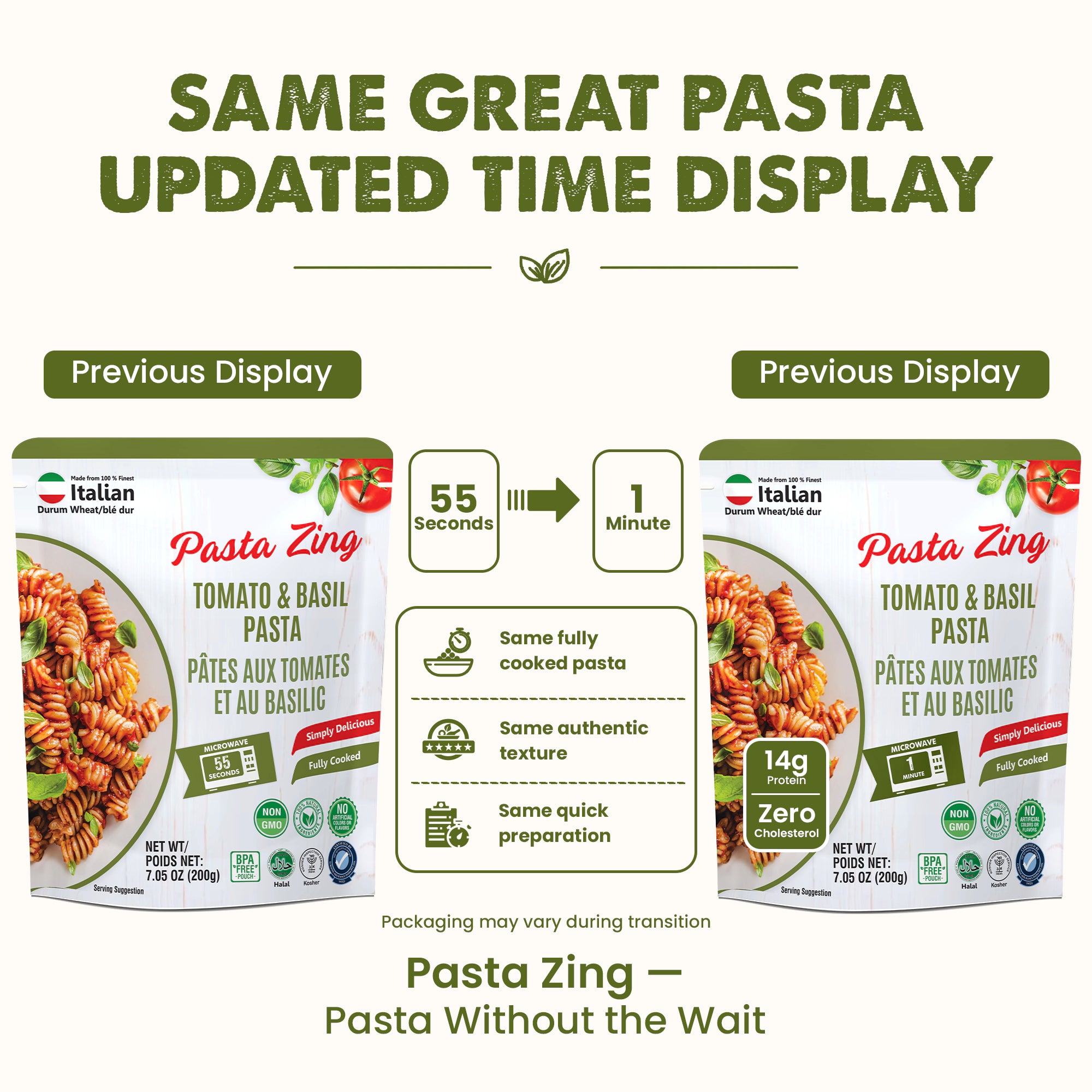 Pasta Zing Tomato & Basil Pasta, Pack of 7, Fully Cooked Fusilli Pasta with Tomato & Basil Sauce, Ready in 1 Minute, 14g Protein, 8.6g Fiber, 7.05 oz Pouches - Regal Kitchen Store