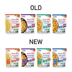 Ready-to-eat Pasta Zing 4-shape pasta variety pack by Regal Kitchen Foods, includes spaghetti, farfalle, elbow, and fusilli in 7 pouches.