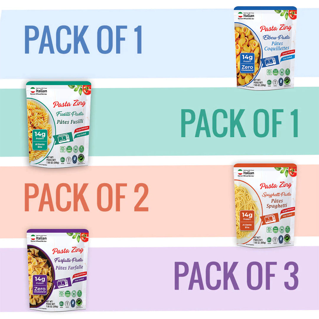 Ready-to-eat Pasta Zing 4-shape variety pack by Regal Kitchen Foods with cooked spaghetti, farfalle, elbow, and fusilli in 7 pouches