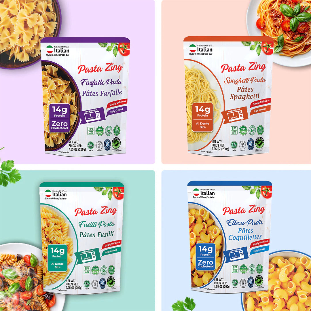 Ready-to-eat Pasta Zing 4-shape variety pack by Regal Kitchen Foods with cooked spaghetti, farfalle, elbow, and fusilli in 7 pouches