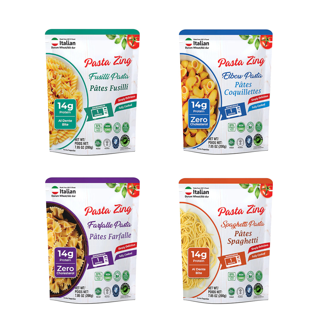 Ready-to-eat Pasta Zing 4-shape variety pack by Regal Kitchen Foods featuring spaghetti, farfalle, elbow, and fusilli pasta in 7 pouches.