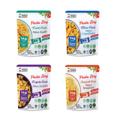 Ready-to-eat Pasta Zing 4-shape variety pack by Regal Kitchen Foods featuring spaghetti, farfalle, elbow, and fusilli pasta in 7 pouches.