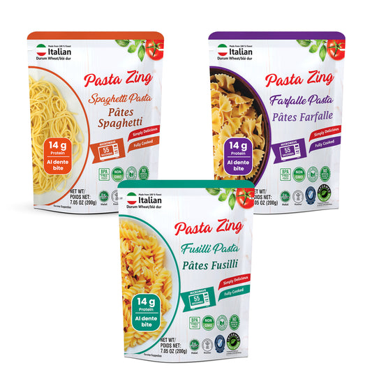 Ready-to-eat Pasta Zing variety pack from Regal Kitchen Foods with cooked spaghetti, farfalle, and fusilli in 8 oz packages. 2000