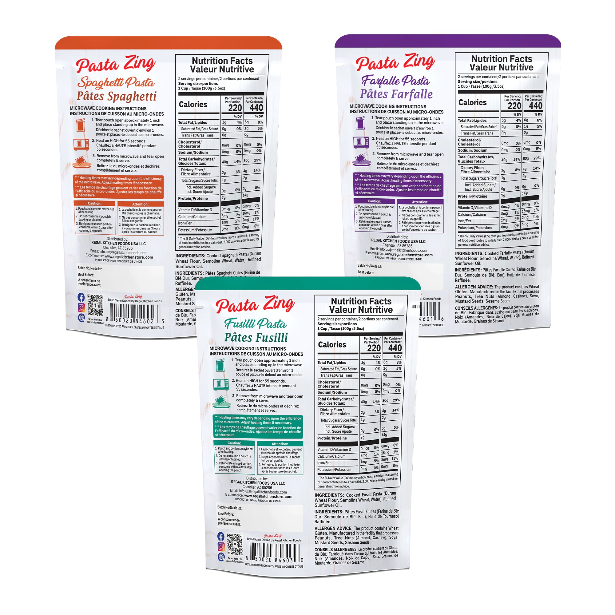 Ready-to-eat Pasta Zing variety pack from Regal Kitchen Foods featuring fully cooked spaghetti, farfalle, and fusilli in 8 oz servings.