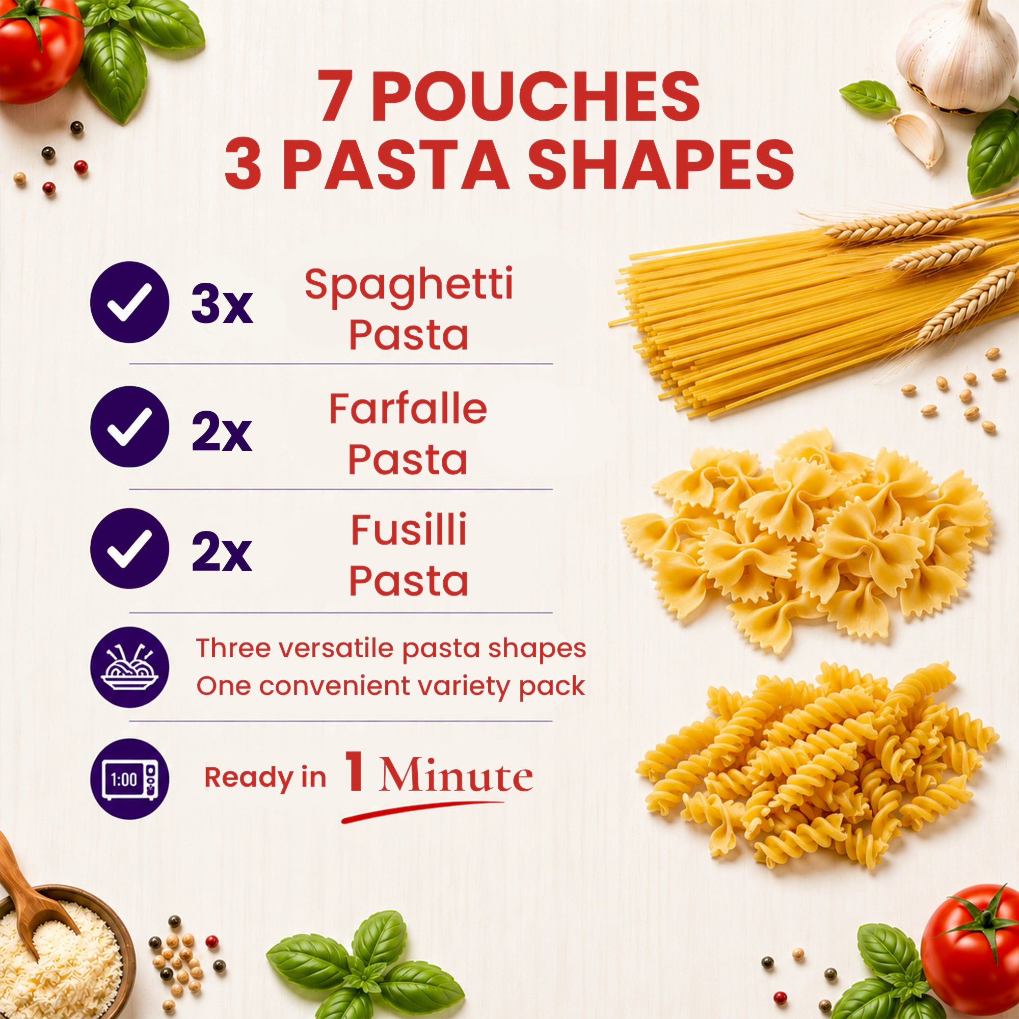 Ready-to-eat Pasta Zing variety pack by Regal Kitchen Foods with cooked spaghetti, farfalle, and fusilli in 8 oz packages.