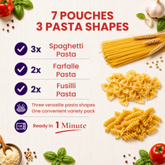 Ready-to-eat Pasta Zing variety pack by Regal Kitchen Foods with cooked spaghetti, farfalle, and fusilli in 8 oz packages.
