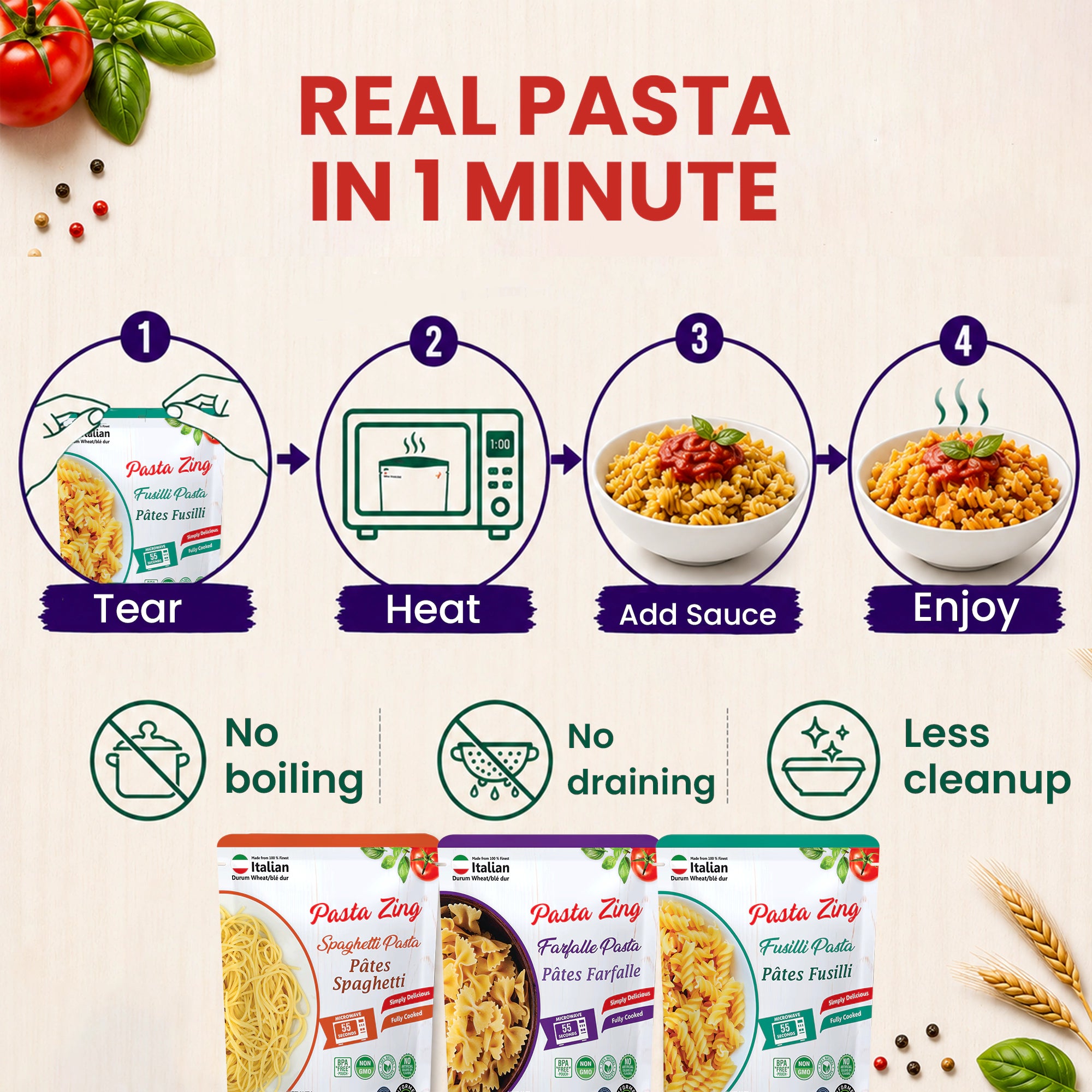 Ready-to-eat Pasta Zing variety pack from Regal Kitchen Foods USA, includes cooked spaghetti, farfalle, and fusilli in 8 oz packs.