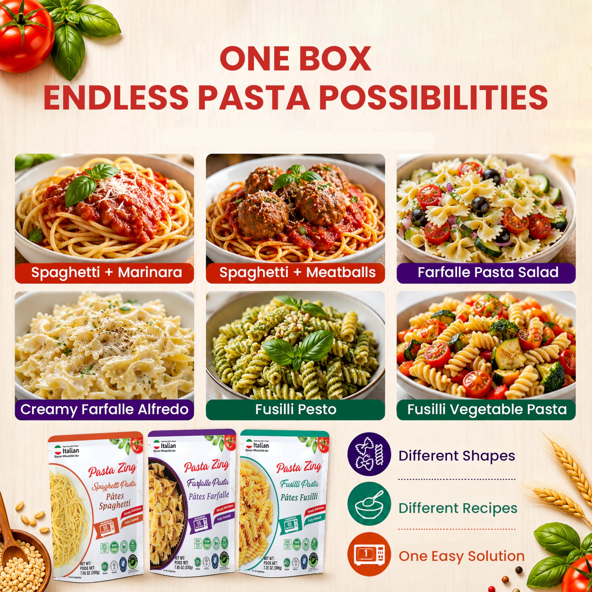 Ready-to-eat Pasta Zing variety pack by Regal Kitchen Foods USA, includes cooked spaghetti, farfalle, and fusilli in 8 oz portions.