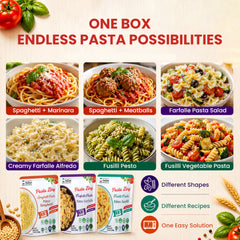 Ready-to-eat Pasta Zing variety pack by Regal Kitchen Foods USA, includes cooked spaghetti, farfalle, and fusilli in 8 oz portions.