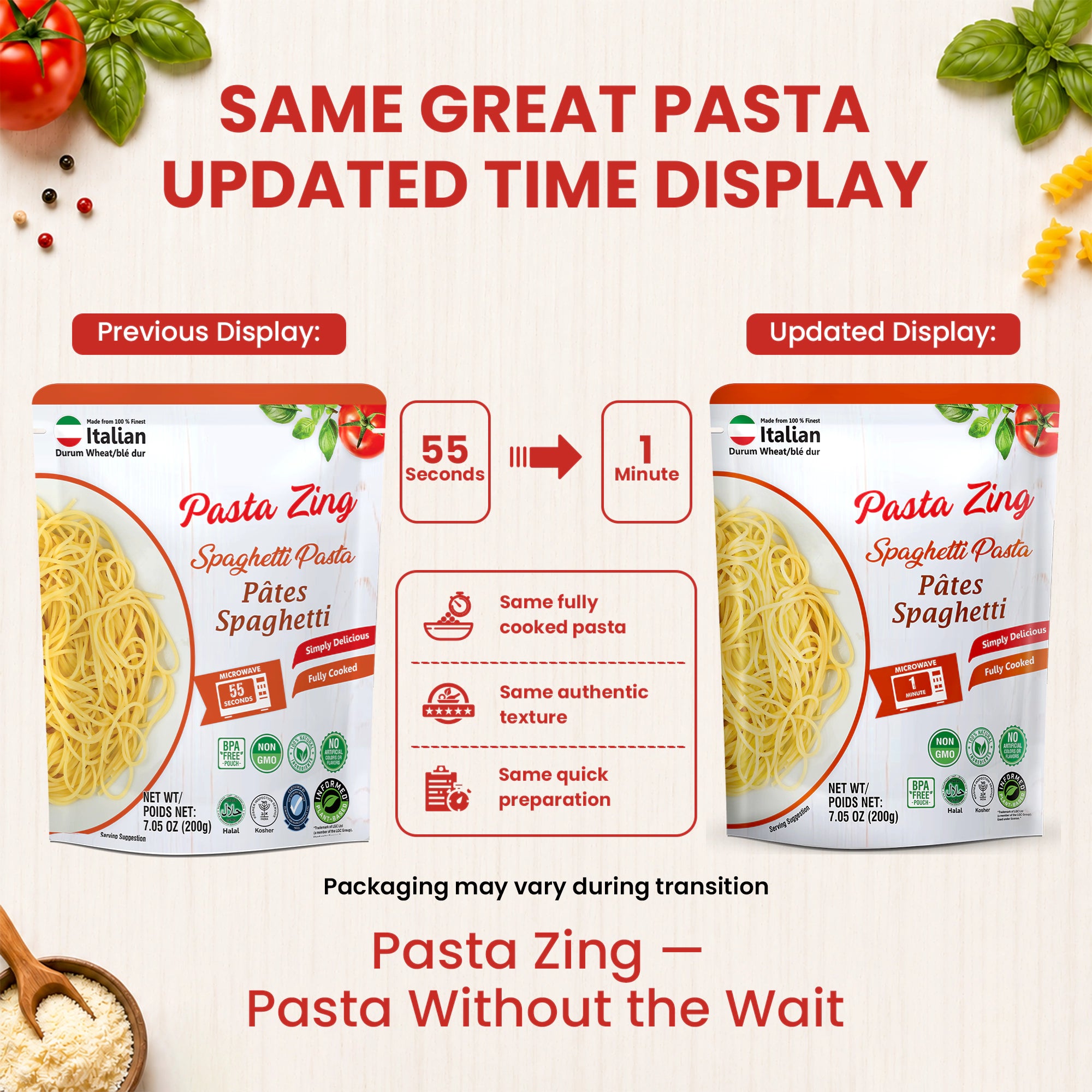 Ready-to-eat Regal Kitchen Foods Pasta Zing variety pack with cooked spaghetti, farfalle, and fusilli in 8 oz servings.