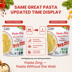 Ready-to-eat Regal Kitchen Foods Pasta Zing variety pack with cooked spaghetti, farfalle, and fusilli in 8 oz servings.