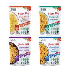 Ready-to-eat Pasta Zing 4-shape variety pack by Regal Kitchen Foods with spaghetti, farfalle, elbow, and fusilli pasta in a 7-pack