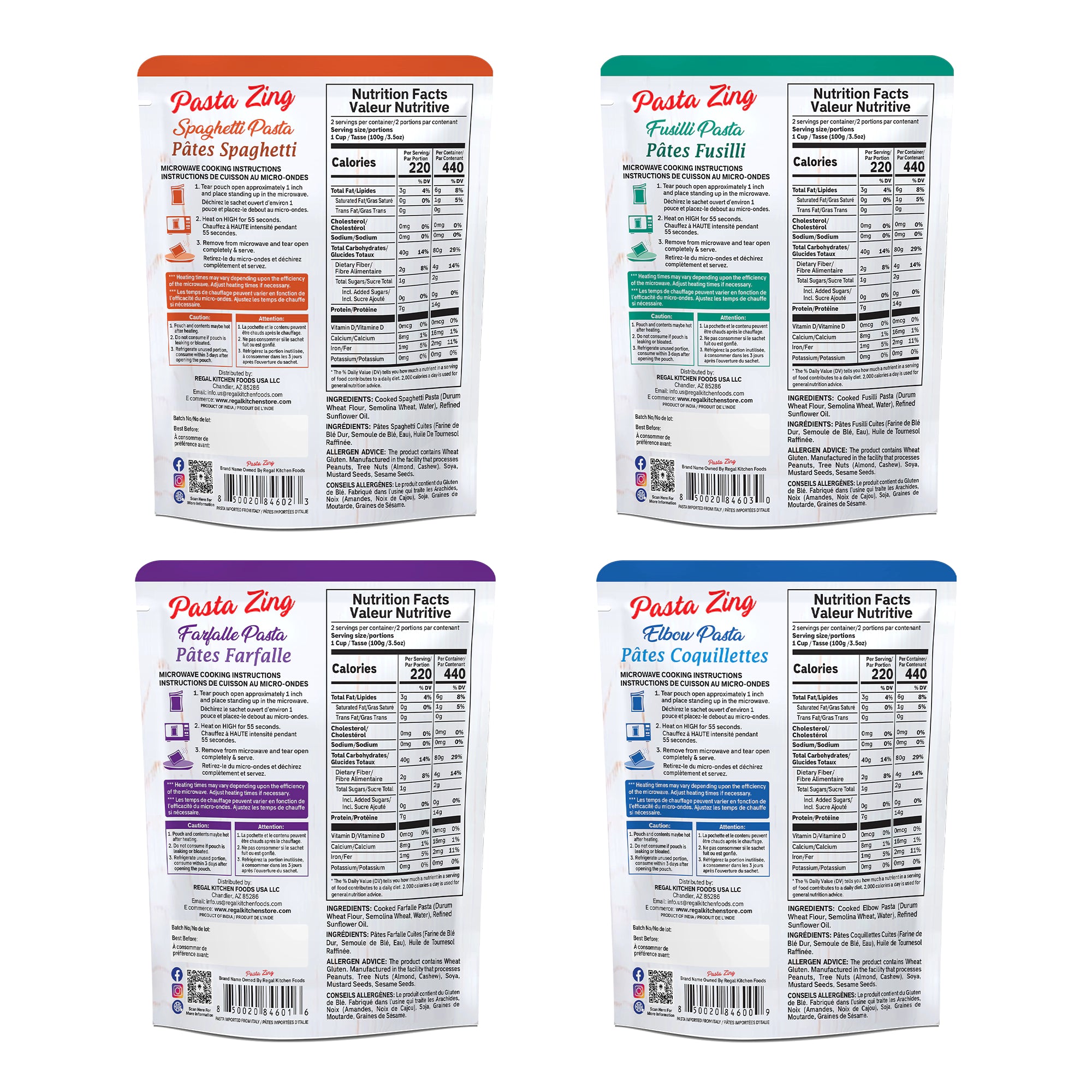 Ready-to-eat Pasta Zing 4-shape variety pack by Regal Kitchen Foods with spaghetti, farfalle, elbow, and fusilli pasta in a 7-pack.