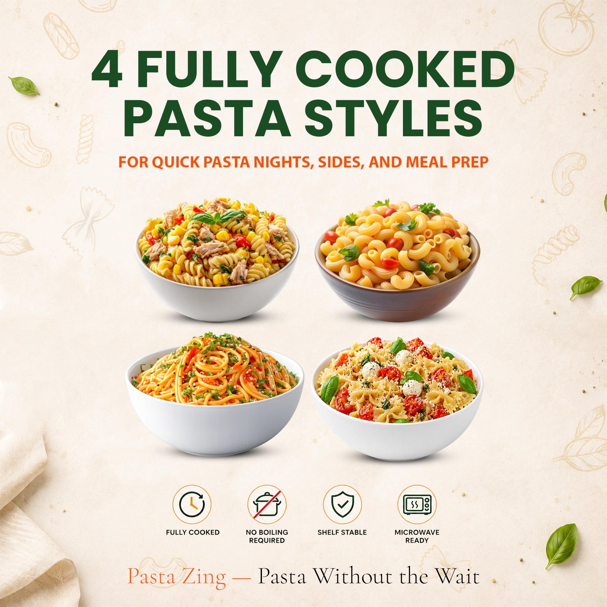 Ready-to-eat Pasta Zing 4-Shape Pasta Variety Pack by Regal Kitchen Foods featuring spaghetti, farfalle, elbow, and fusilli in a 7-pack