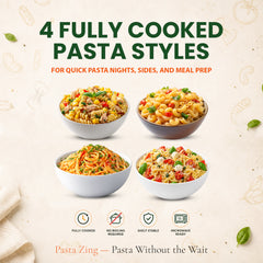 Ready-to-eat Pasta Zing 4-Shape Pasta Variety Pack by Regal Kitchen Foods featuring spaghetti, farfalle, elbow, and fusilli in a 7-pack