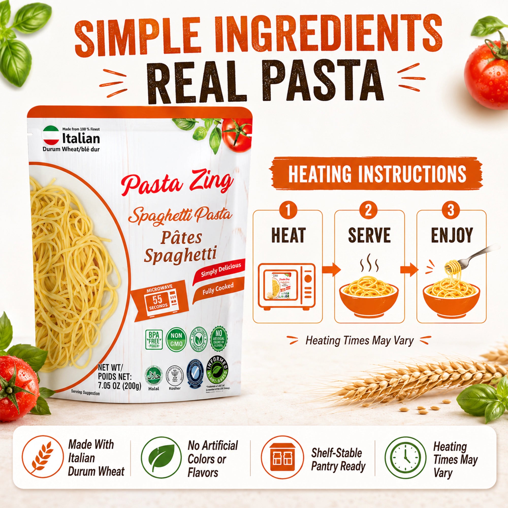 Ready-to-eat Pasta Zing 4-shape variety pack by Regal Kitchen Foods featuring spaghetti, farfalle, elbow, and fusilli pasta.