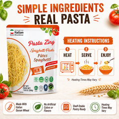 Ready-to-eat Pasta Zing 4-shape variety pack by Regal Kitchen Foods featuring spaghetti, farfalle, elbow, and fusilli pasta.