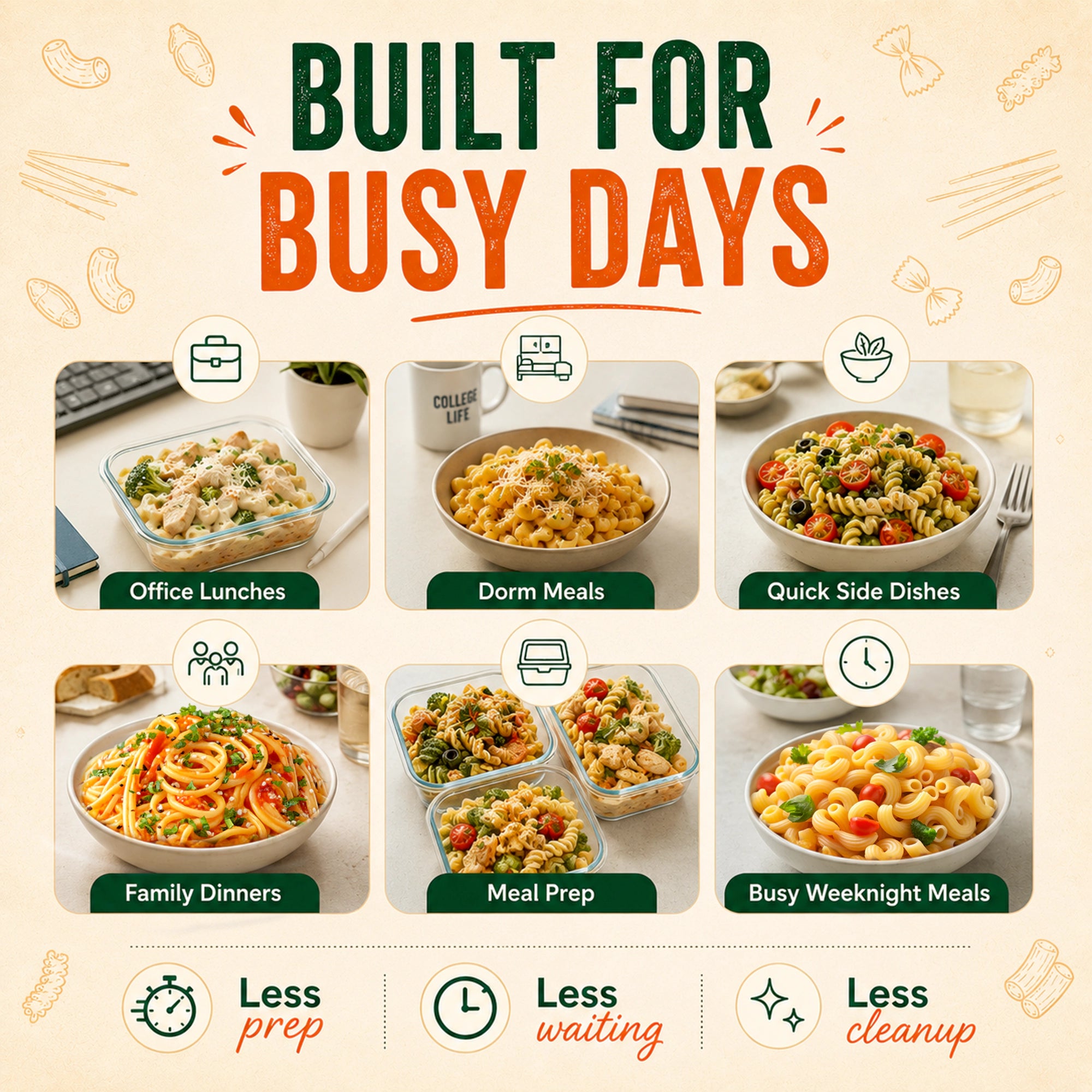 Ready-to-eat Pasta Zing variety pack with 4 shapes including spaghetti, farfalle, elbow, and fusilli from Regal Kitchen Foods USA LLC.