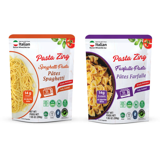 Ready-to-eat Pasta Zing Spaghetti and Farfalle variety pack by Regal Kitchen Foods USA LLC, featuring 7 quick-prep pasta servings. 2000