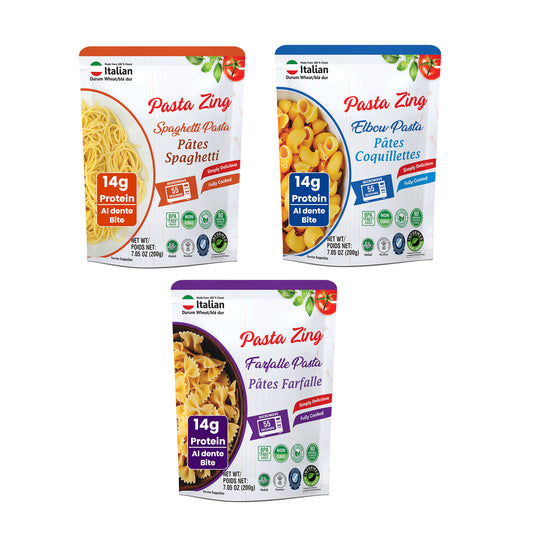 Assorted ready-to-eat pasta shapes from Regal Kitchen Foods' Pasta Zing variety pack, including spaghetti, farfalle, and elbow pasta. 2000