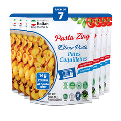 Pasta Zing Elbow Pasta — Fully Cooked Ready-to-Eat Elbow Macaroni Ready in 1 Minute | 14g Protein & 4g Fiber Per Pouch | Non-GMO | Shelf Stable | 7.05oz Pack of 7 - Regal Kitchen Store
