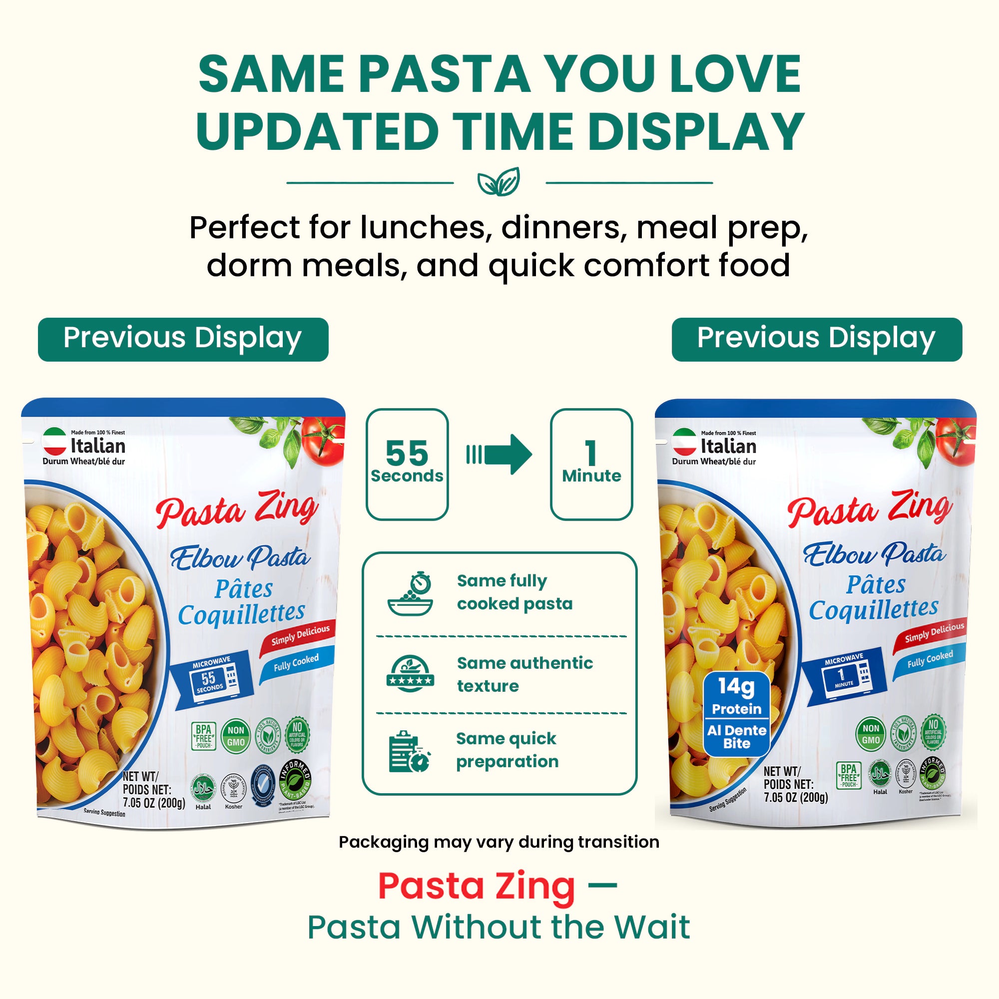 Pasta Zing Elbow Pasta — Fully Cooked Ready-to-Eat Elbow Macaroni Ready in 1 Minute | 14g Protein & 4g Fiber Per Pouch | Non-GMO | Shelf Stable | 7.05oz Pack of 7 - Regal Kitchen Store