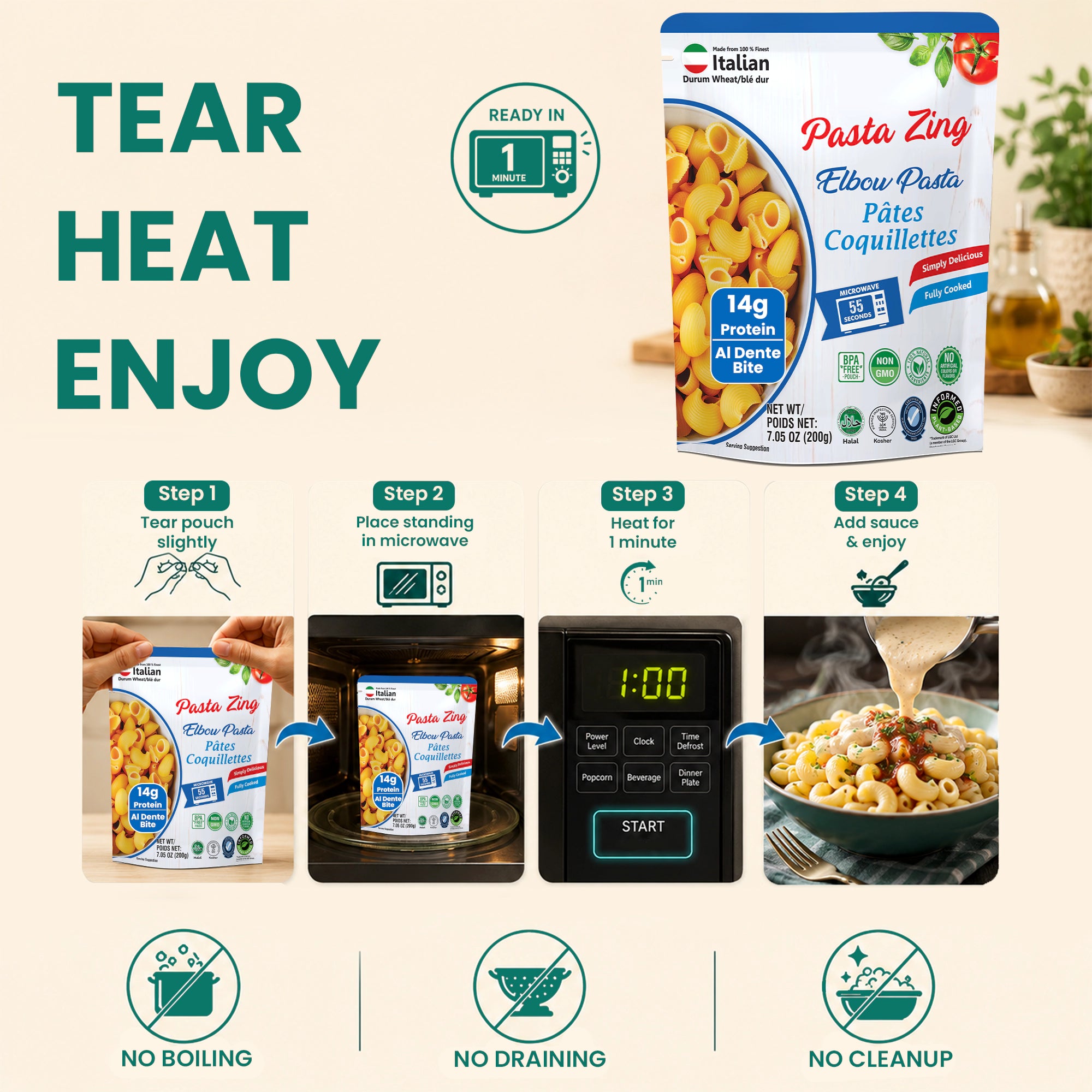 Pasta Zing Elbow Pasta — Fully Cooked Ready-to-Eat Elbow Macaroni Ready in 1 Minute | 14g Protein & 4g Fiber Per Pouch | Non-GMO | Shelf Stable | 7.05oz Pack of 7 - Regal Kitchen Store