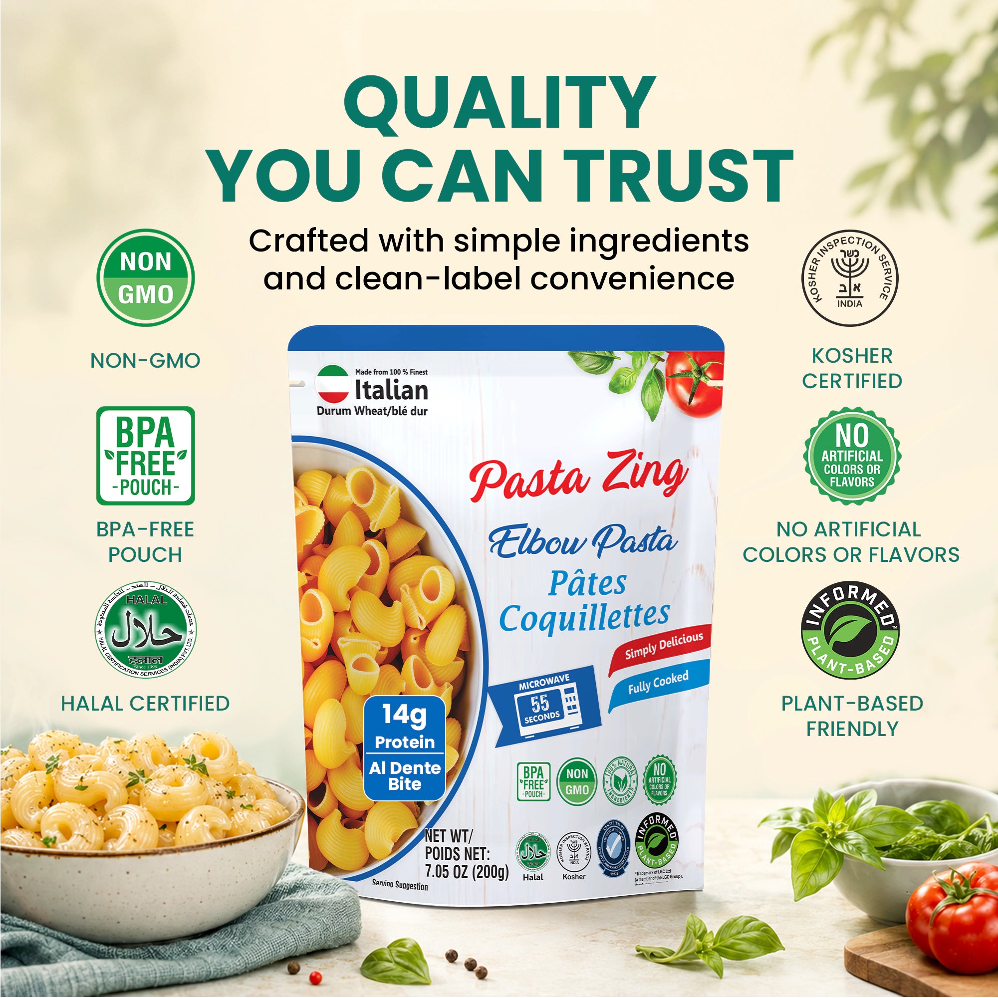Pasta Zing Elbow Pasta — Fully Cooked Ready-to-Eat Elbow Macaroni Ready in 1 Minute | 14g Protein & 4g Fiber Per Pouch | Non-GMO | Shelf Stable | 7.05oz Pack of 7 - Regal Kitchen Store