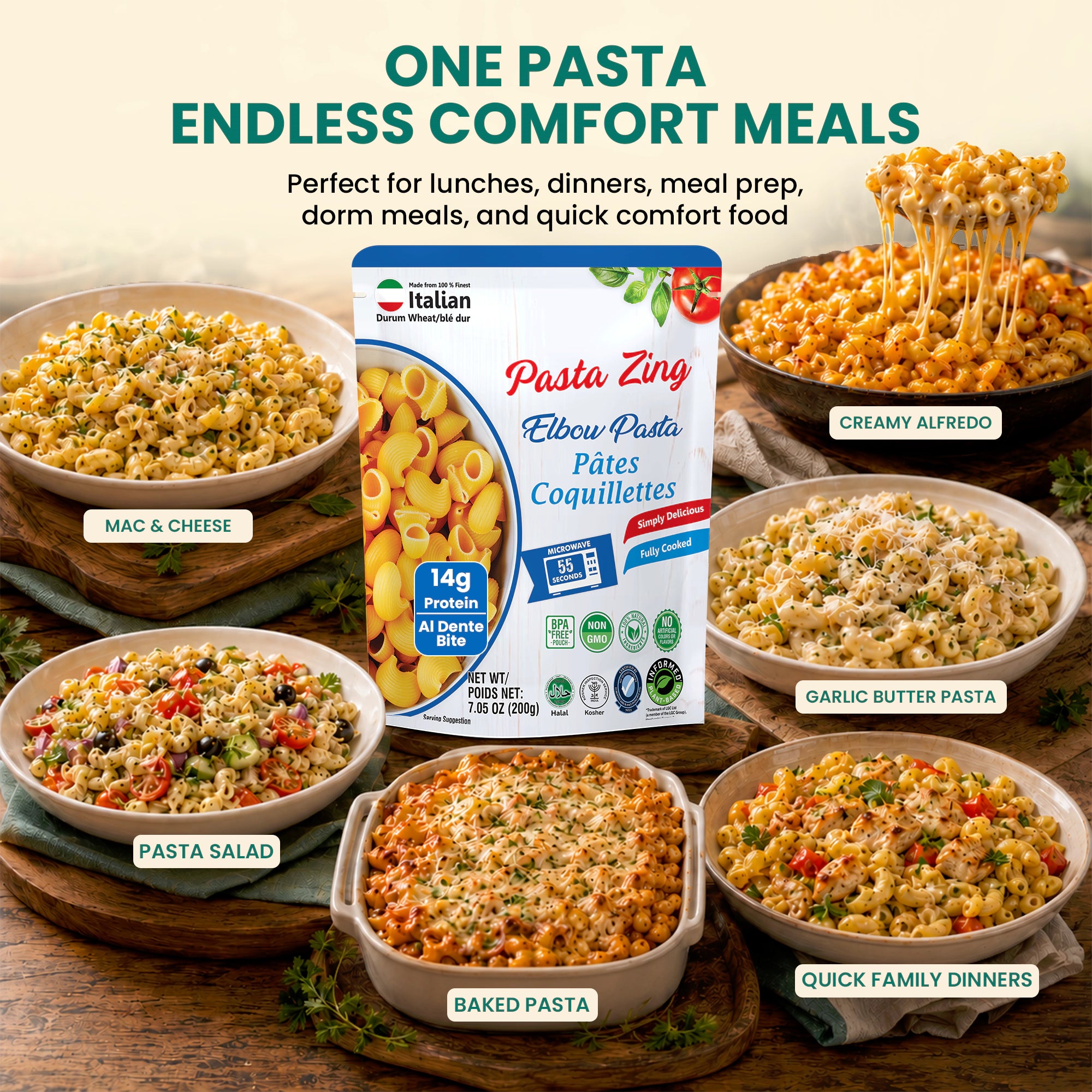 Pasta Zing Elbow Pasta — Fully Cooked Ready-to-Eat Elbow Macaroni Ready in 1 Minute | 14g Protein & 4g Fiber Per Pouch | Non-GMO | Shelf Stable | 7.05oz Pack of 7 - Regal Kitchen Store