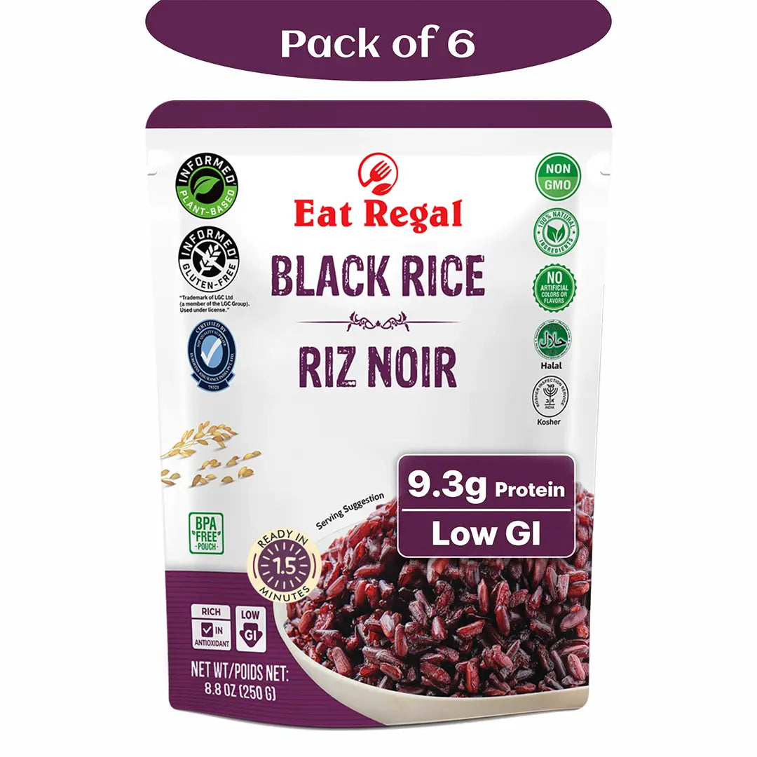 Pack of six Regal Kitchen Foods USA LLC black ready-to-eat rice packets, quick 1.5-minute microwaveable rice.