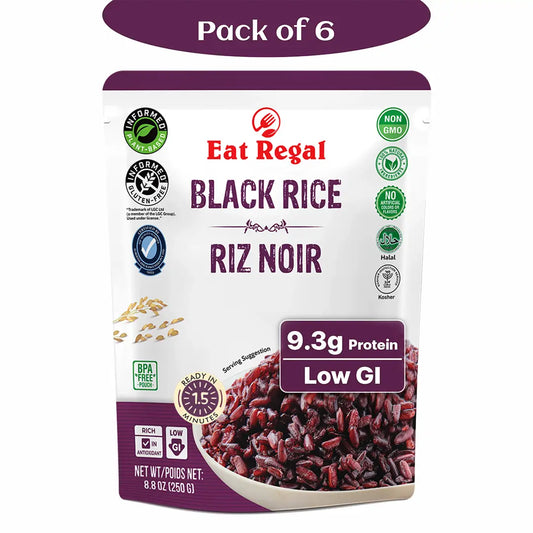 Pack of six Regal Kitchen Foods USA LLC black ready-to-eat rice packets, quick 1.5-minute microwaveable rice. 1080