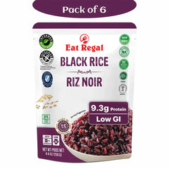 Pack of six Regal Kitchen Foods USA LLC black ready-to-eat rice packets, quick 1.5-minute microwaveable rice.