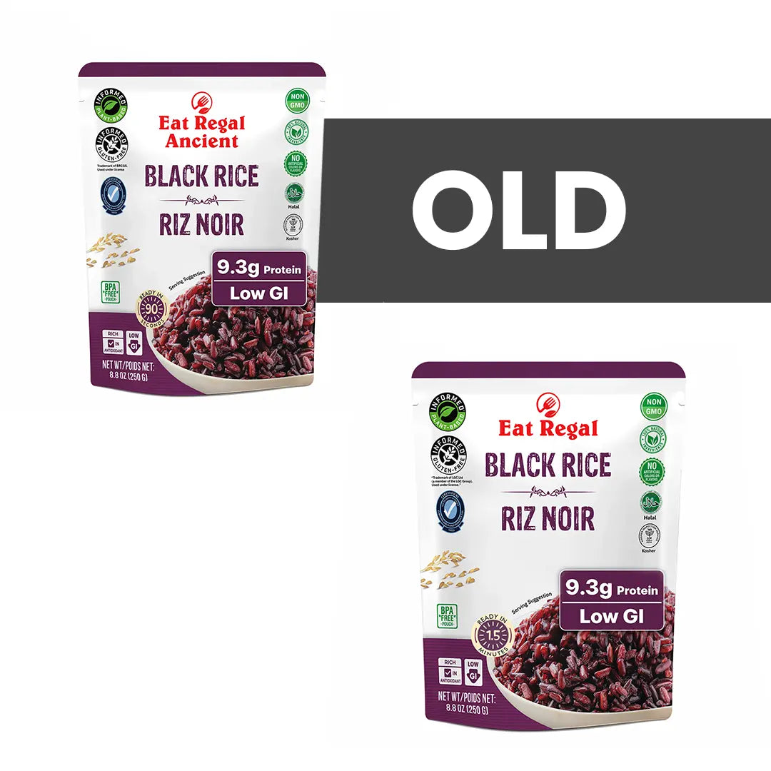 Pack of six Regal Kitchen Foods USA LLC black ready-to-eat rice pouches, quick 1.5-minute microwaveable rice.