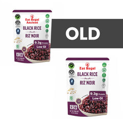 Pack of six Regal Kitchen Foods USA LLC black ready-to-eat rice pouches, quick 1.5-minute microwaveable rice.
