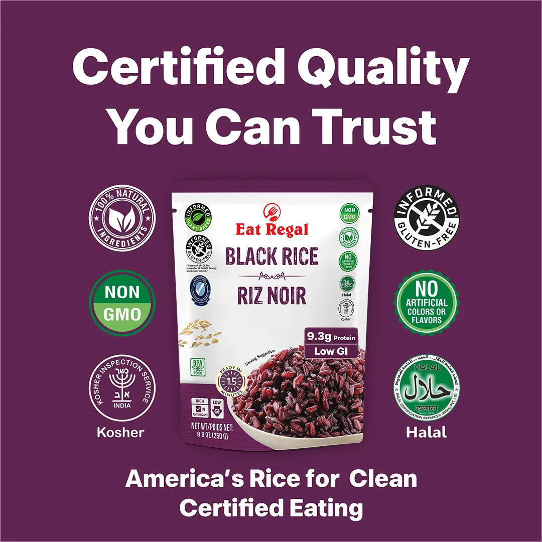 Black rice ready-to-eat from Regal Kitchen Foods USA LLC, 1.5-minute pack of 6, cooked black rice in convenient ready-to-eat packaging.