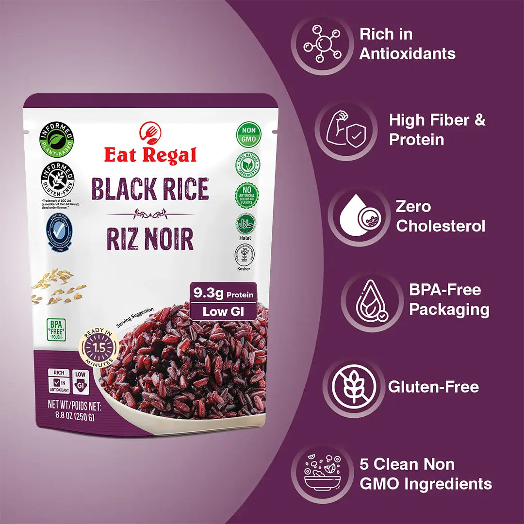 Ready-to-eat black rice pack from Regal Kitchen Foods, 6-pack of quick-cook rice in convenient 1.5-minute ready-to-eat packs.