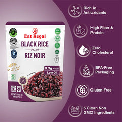 Ready-to-eat black rice pack from Regal Kitchen Foods, 6-pack of quick-cook rice in convenient 1.5-minute ready-to-eat packs.