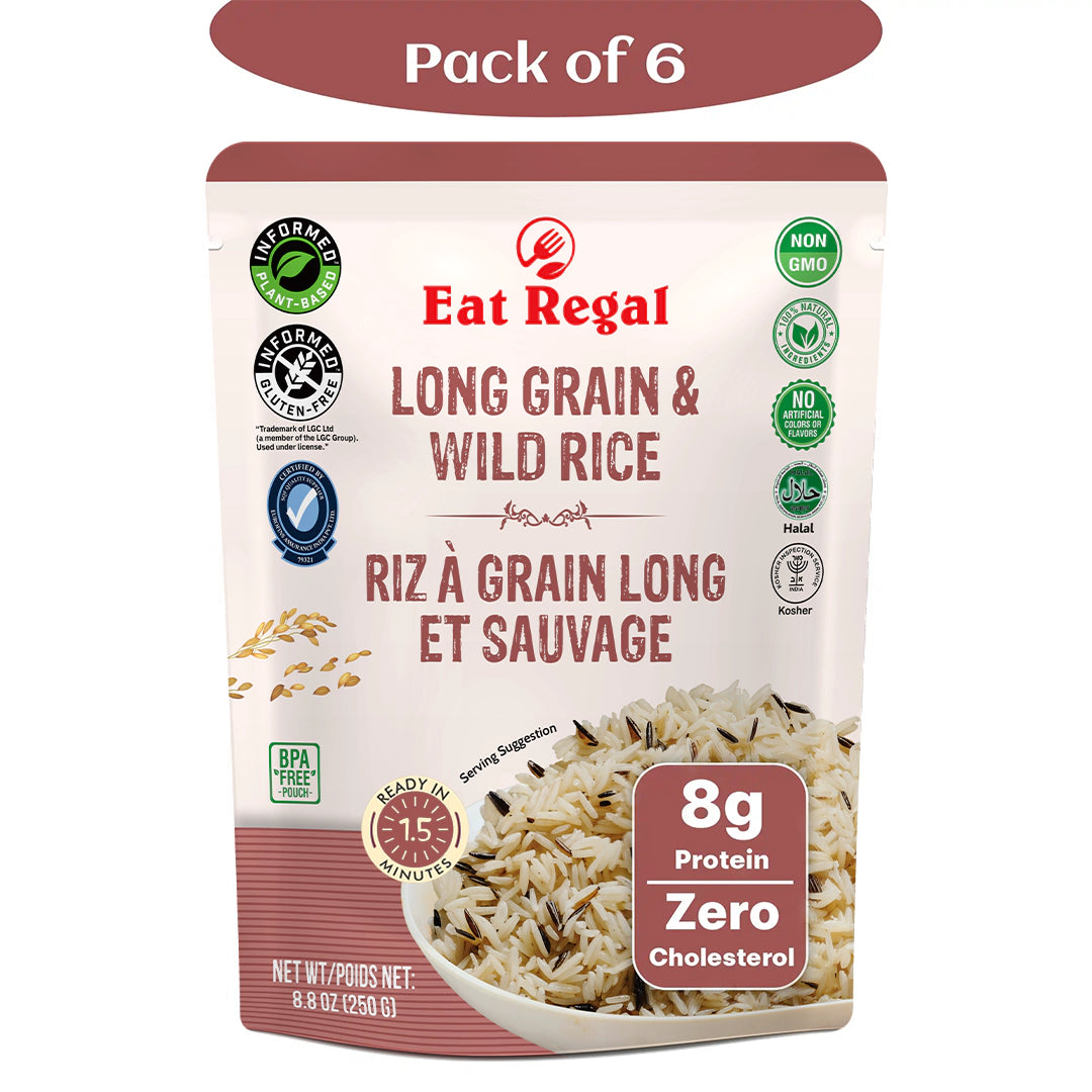 Ready-to-eat Regal Kitchen Foods Ancient Long Grain & Wild Rice pack, showcasing cooked rice in a bowl, non-GMO, kosher, halal.