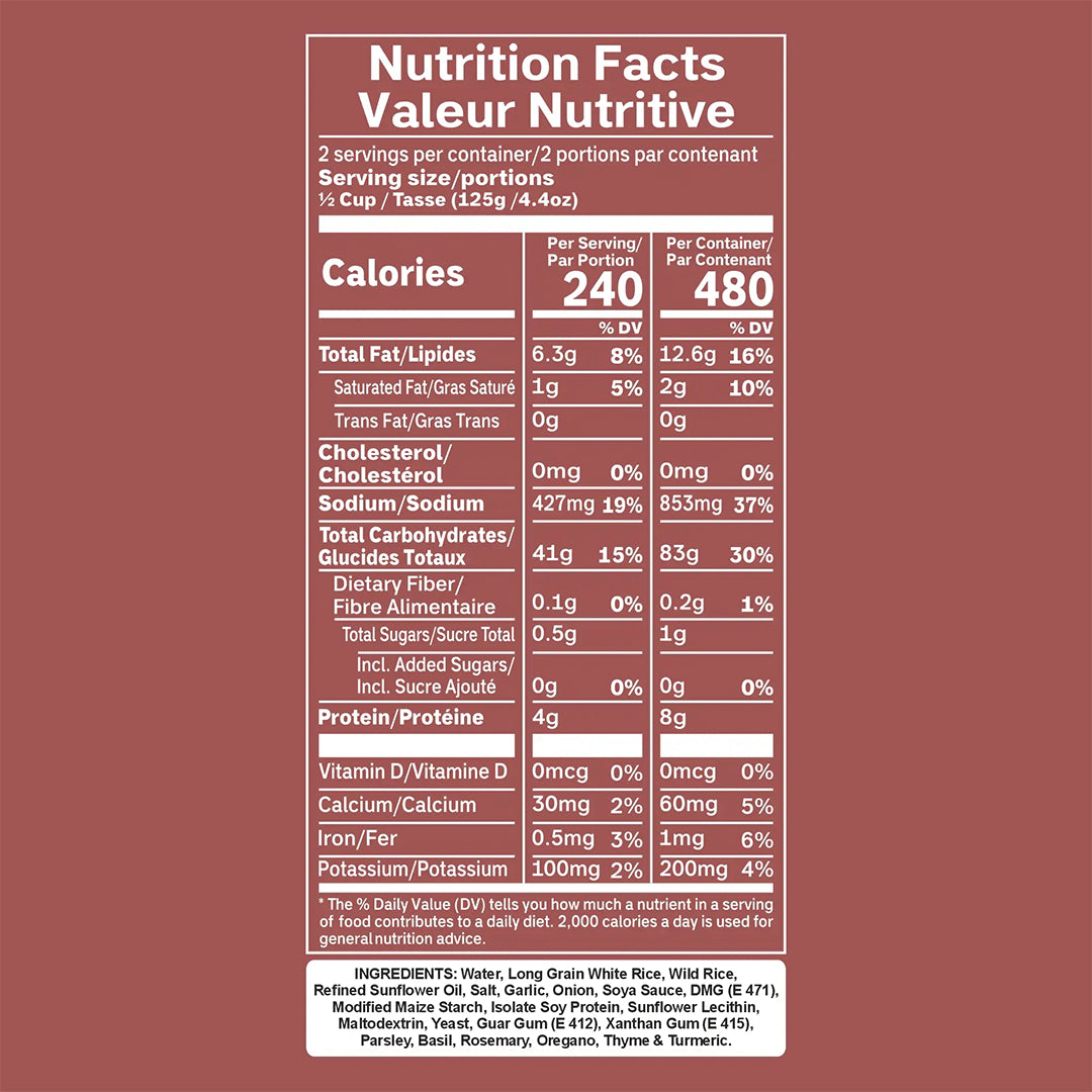 Ready-to-eat Regal Kitchen Foods Ancient Long Grain & Wild Rice pack, featuring cooked rice in a clear container, 8.8 oz, non-GMO, kosher, halal