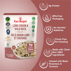 Ready-to-eat Regal Kitchen Foods Ancient Long Grain & Wild Rice pack of 6, featuring non-GMO, kosher, and halal rice in 8.8 oz bags.