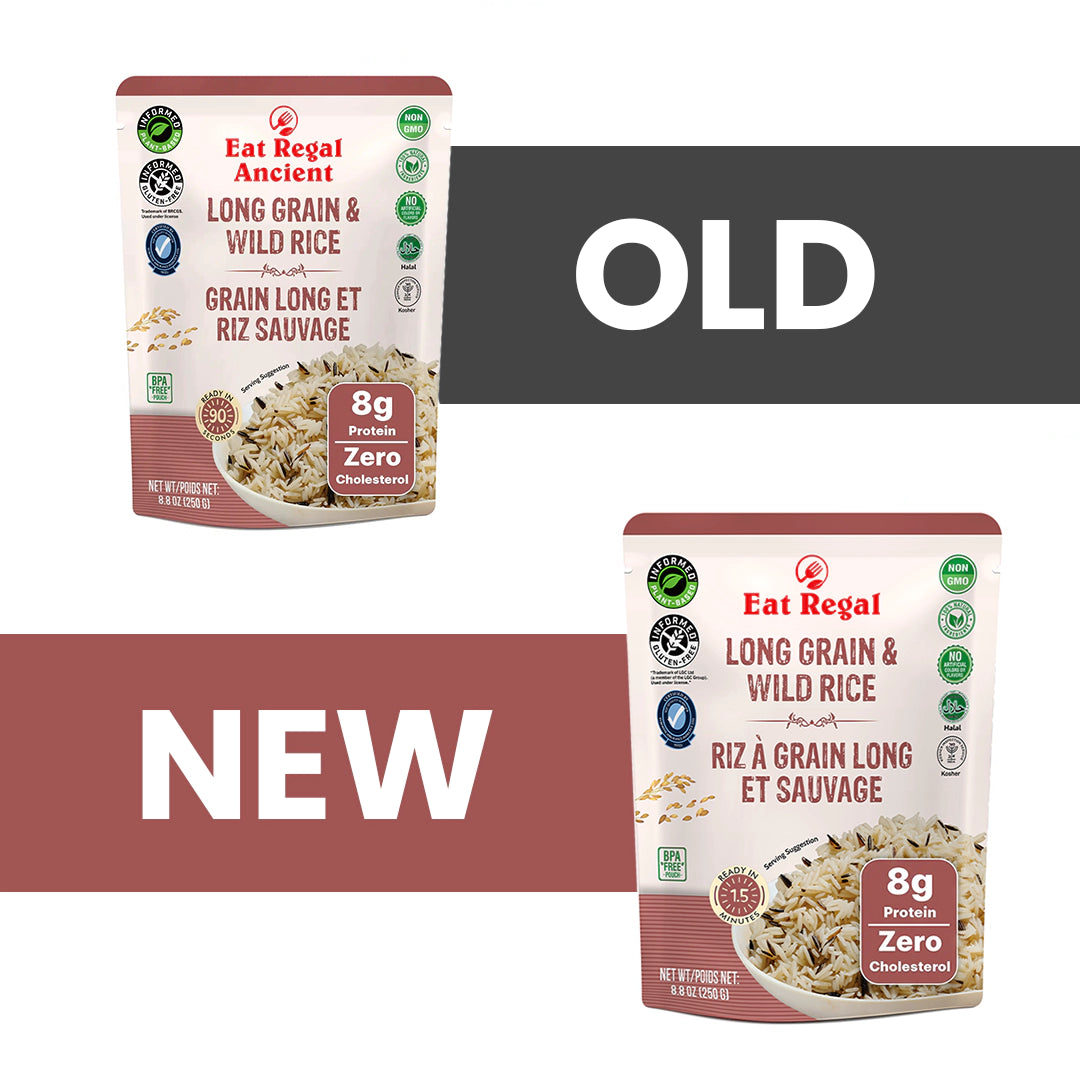 Ready-to-eat Regal Kitchen Foods Ancient Long Grain & Wild Rice pack, showing six 8.8 oz bags of non-GMO, kosher, halal rice.