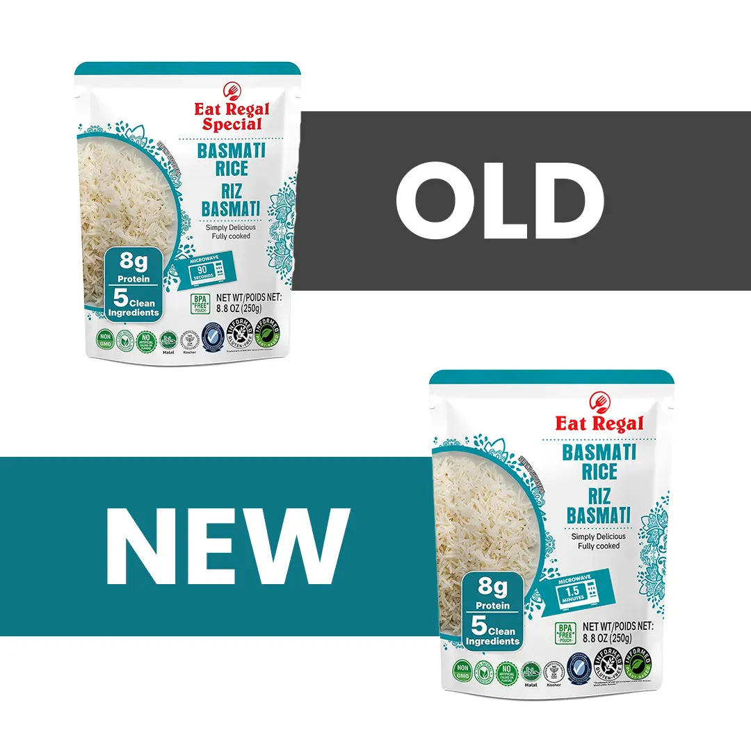 Six packs of Regal Basmati Rice from Regal Kitchen Foods USA LLC, ready-to-eat rice in colorful packaging.