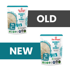 Six packs of Regal Basmati Rice from Regal Kitchen Foods USA LLC, ready-to-eat rice in colorful packaging.