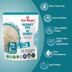 Six packs of Regal Kitchen Foods USA LLC ready-to-eat Basmati rice in clear packaging, showcasing the rice inside.