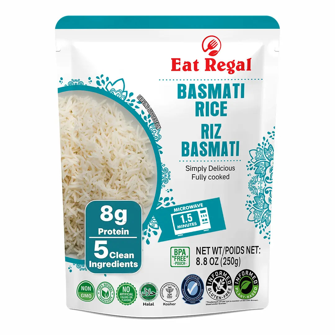 Six packs of Regal Kitchen Foods USA LLC ready-to-eat Basmati rice in white packaging, showcasing the rice and packaging details.