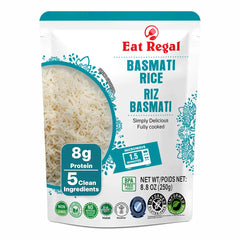 Six packs of Regal Kitchen Foods USA LLC ready-to-eat Basmati rice in white packaging, showcasing the rice and packaging details.