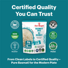 Six packs of Regal Kitchen Foods USA LLC ready-to-eat Basmati rice, showcasing the packaged rice with branding and packaging details.